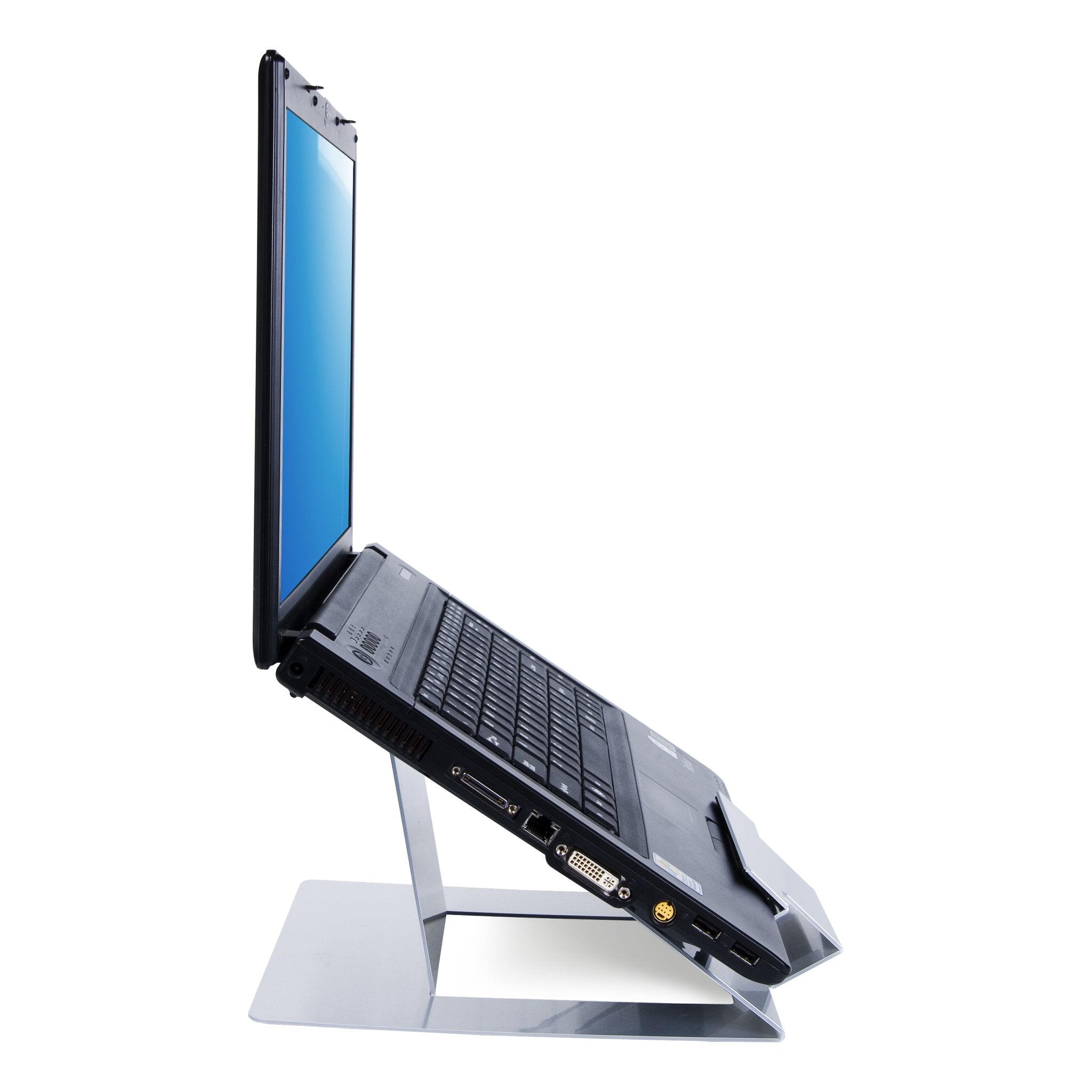 Zijaanzicht verstelbare notebookverhoger met laptop uit de Addit collectie van Dataflex