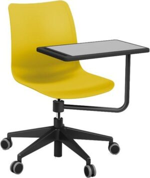 Gele bureaustoel op wieltjes met plankje voor een laptop of notitieboek uit de Celis collectie van FP Collection