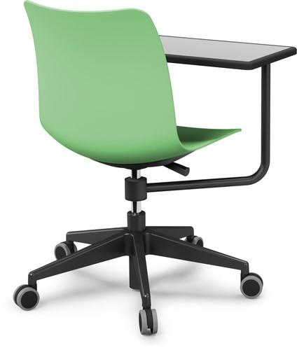 Groene bureaustoel op wieltjes met plankje voor een laptop of notitieboek uit de Celis collectie van FP Collection