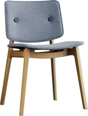 Blauwe stoel zonder armleuning met houten onderstel