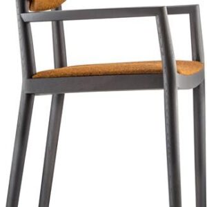 Zijaanzicht bruine stoel met armleuning met oranje zitting en rugleuning van het merk Pedrali