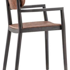 Achteraanzicht bruine stoel met armleuning met oranje zitting en rugleuning van het merk Pedrali