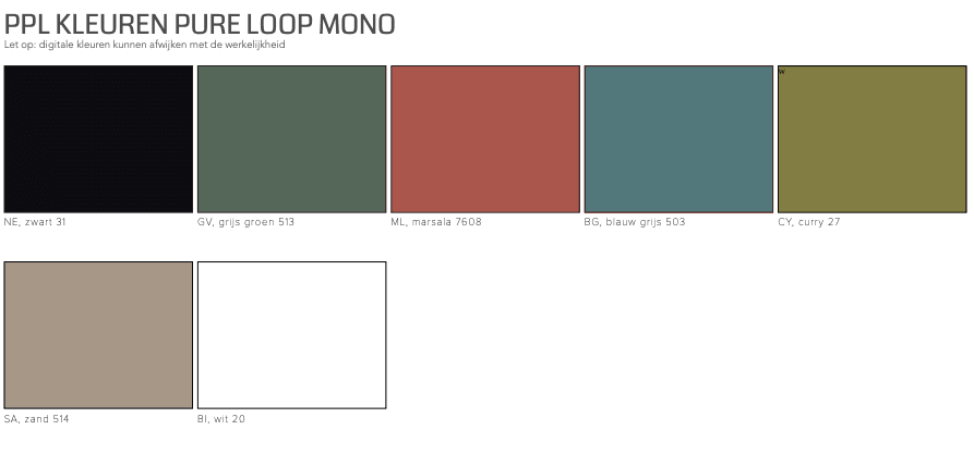 Verschillende kleuren waarin de Pure Loop Mono bureaustoel van FP Collection beschikbaar is