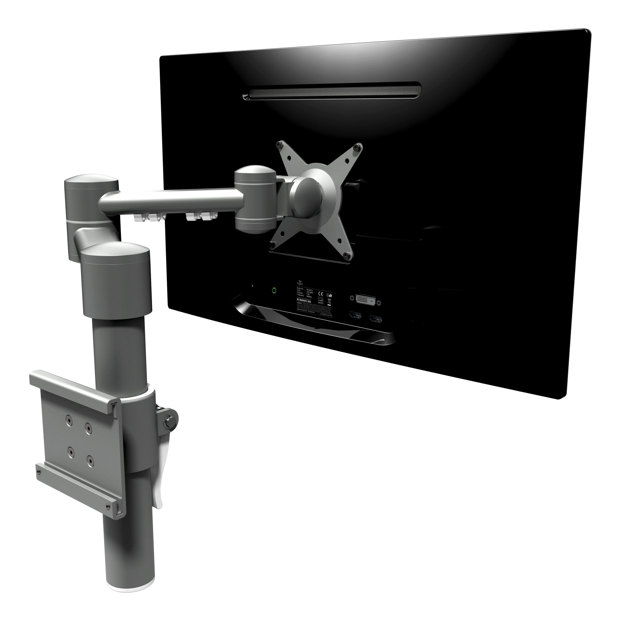 Achteraanzicht van een zilveren monitorarm voor op een toolbar uit de Viewmate collectie van Dataflex