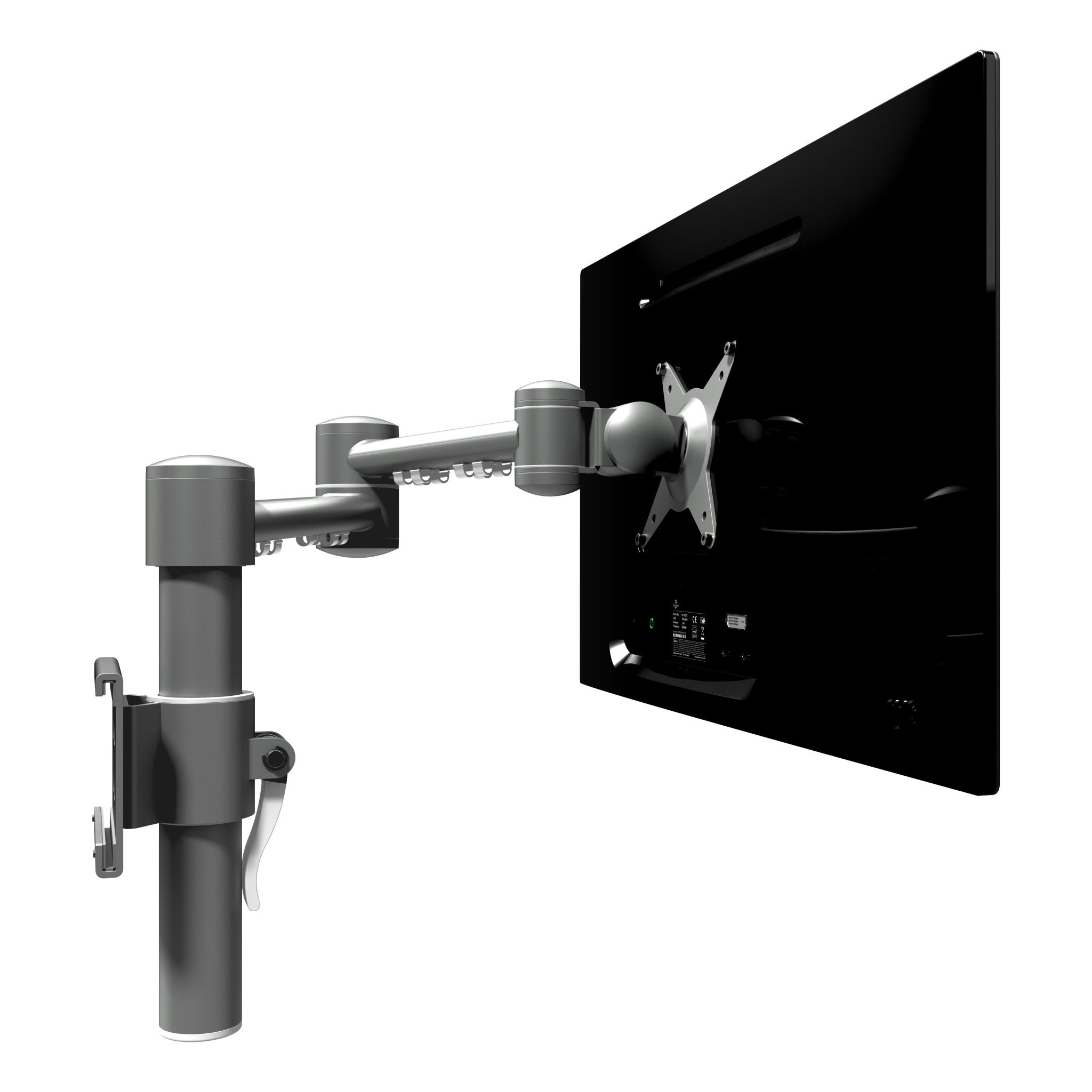Zijaanzicht van een zilveren monitorarm voor op een toolbar uit de Viewmate collectie van Dataflex