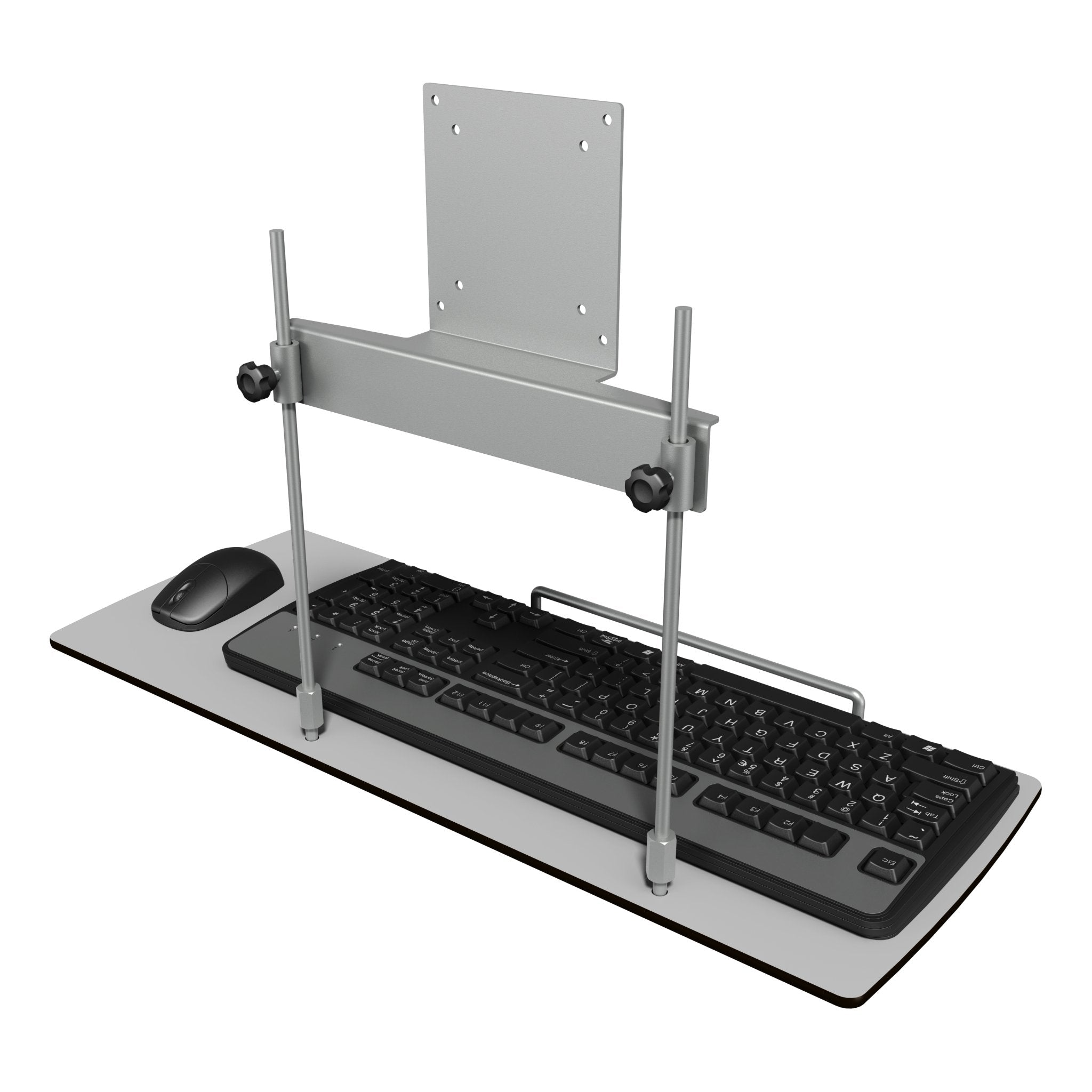 Achteraanzicht van een zilveren toetsenbordhouder met muisplatform uit de Viewmate collectie van Dataflex