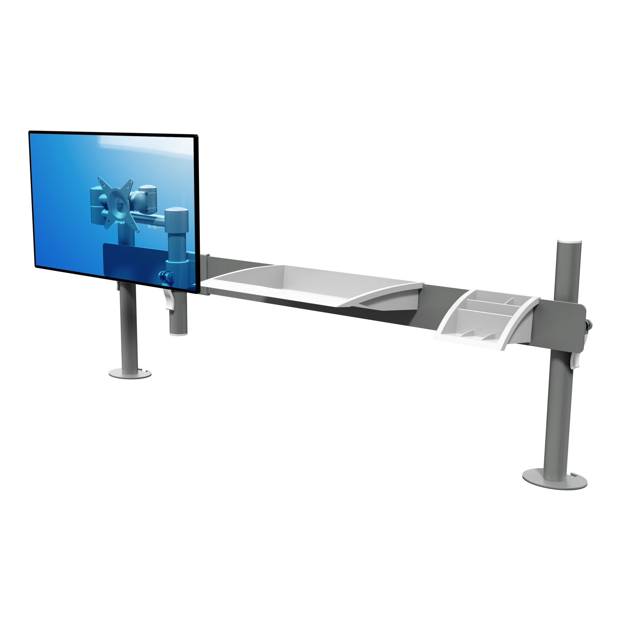 Zilveren ergonomische toolbar met gemonteerde monitorarm en scherm uit de Viewmate collectie van Dataflex