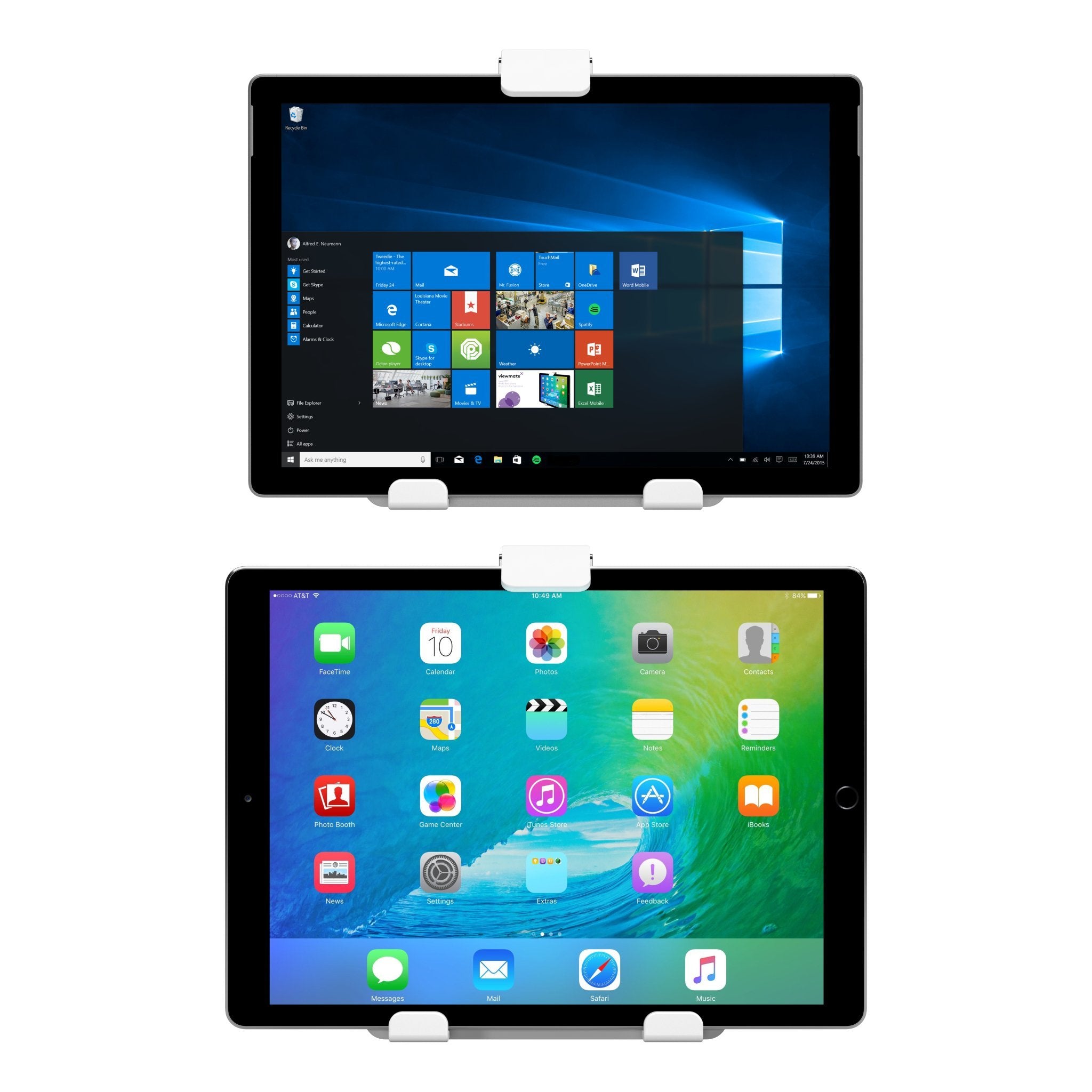 Twee tablets in een wit met grijze tablethouder uit de Viewmate collectie van Dataflex