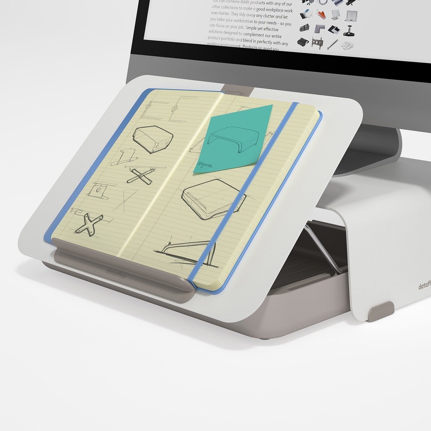 Witte ergonomische toolbox met geplaats notitieboek uit de Addit Bento® collectie van Dataflex