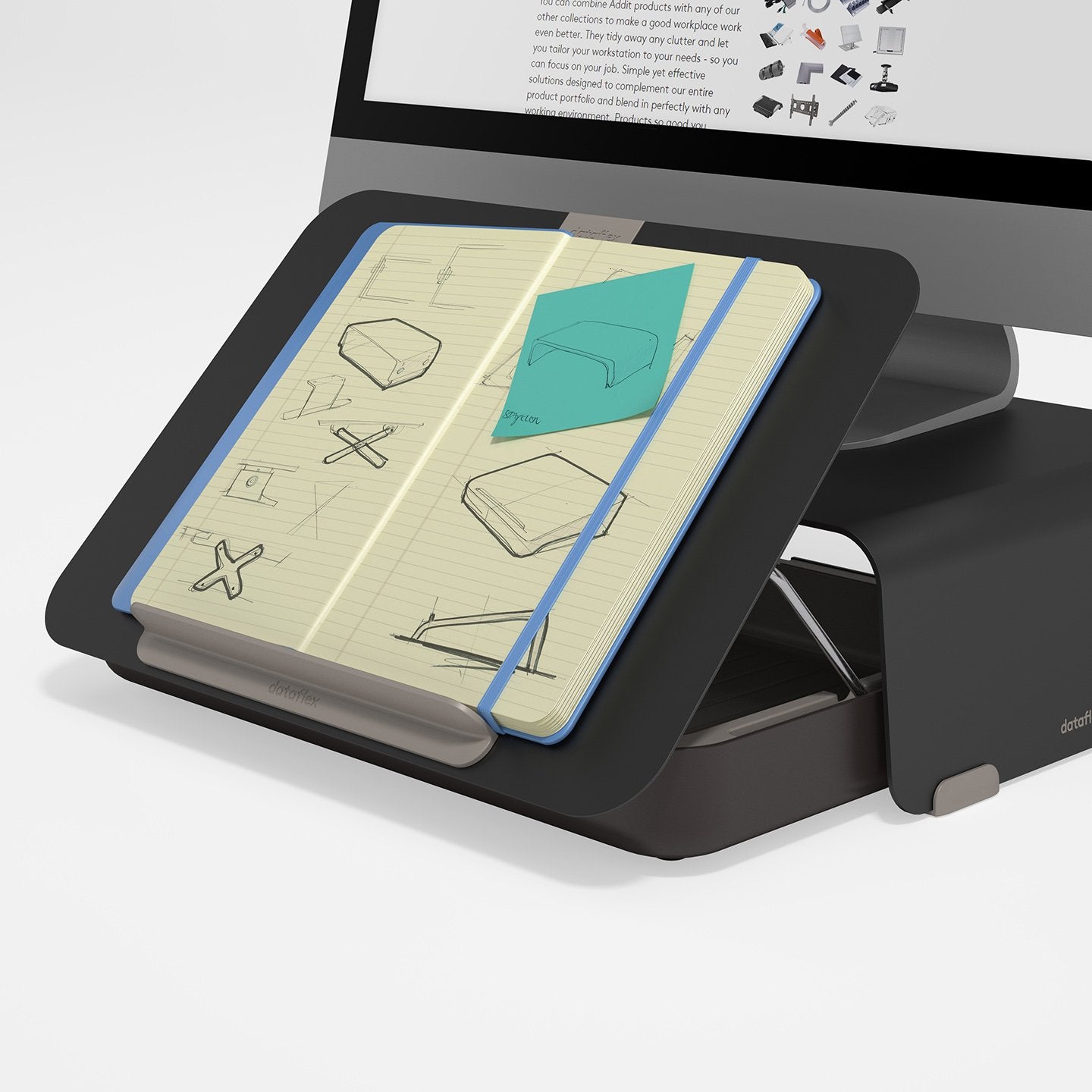 Zwarte ergonomische toolbox met geplaatste ipad  uit de Addit Bento® collectie van Dataflex