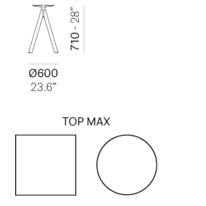 Afmetingen van de Arki Base Tafel Ark4 met vierkant tafelblad van Pedrali